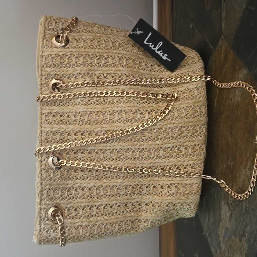 Lulu's Beige Woven Tote with Gold Chains